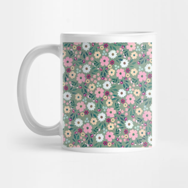 Pink flowers Botanical Green Design by NdesignTrend